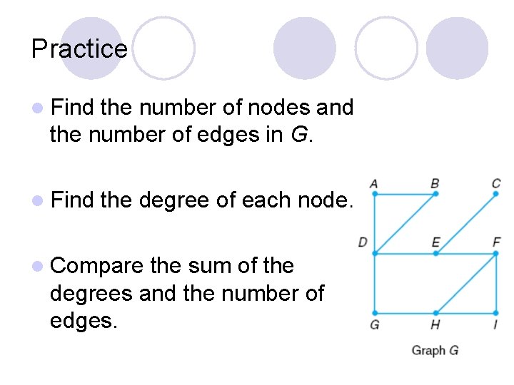Practice l Find the number of nodes and the number of edges in G.