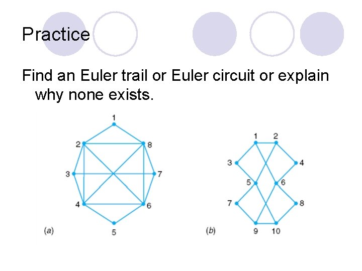 Practice Find an Euler trail or Euler circuit or explain why none exists. 