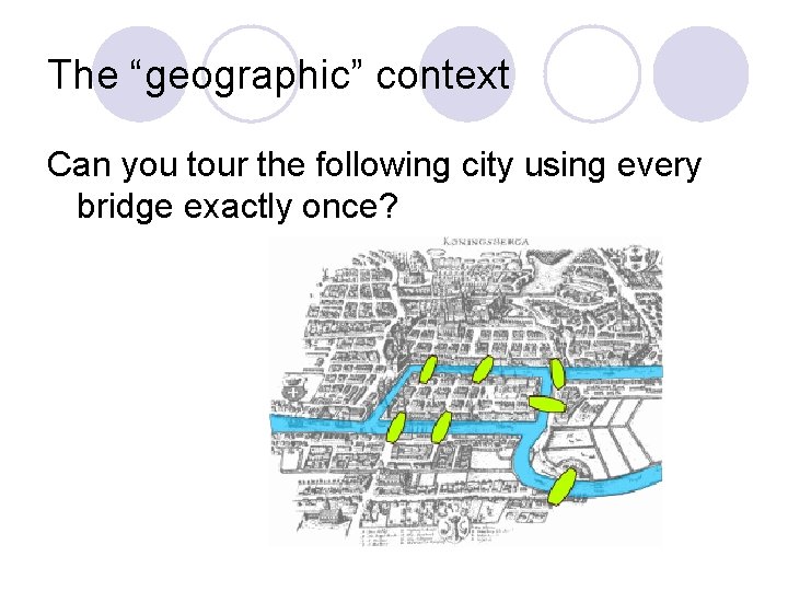 The “geographic” context Can you tour the following city using every bridge exactly once?