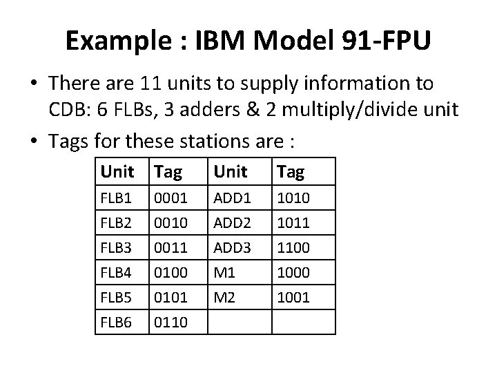 Example : IBM Model 91 -FPU • There are 11 units to supply information