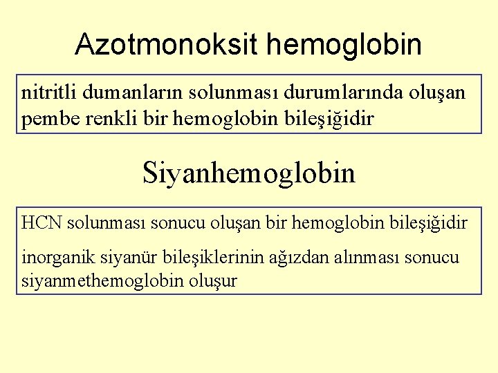 Azotmonoksit hemoglobin nitritli dumanların solunması durumlarında oluşan pembe renkli bir hemoglobin bileşiğidir Siyanhemoglobin HCN