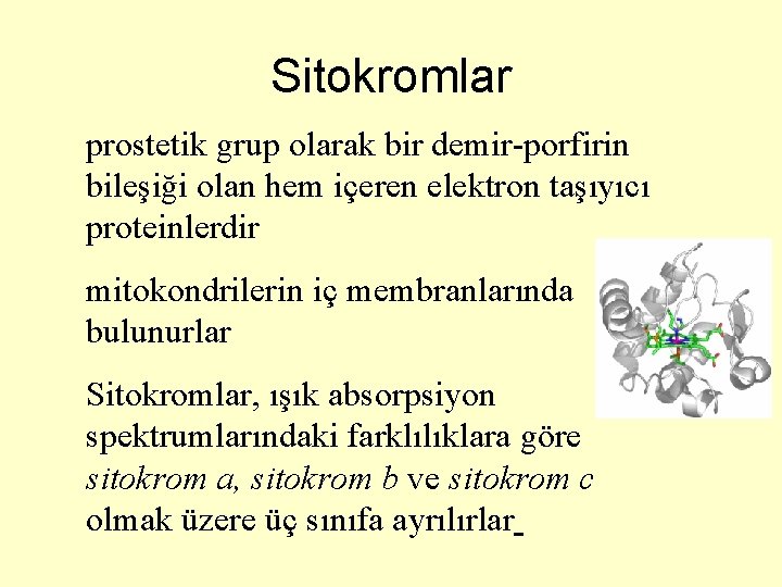 Sitokromlar prostetik grup olarak bir demir-porfirin bileşiği olan hem içeren elektron taşıyıcı proteinlerdir mitokondrilerin