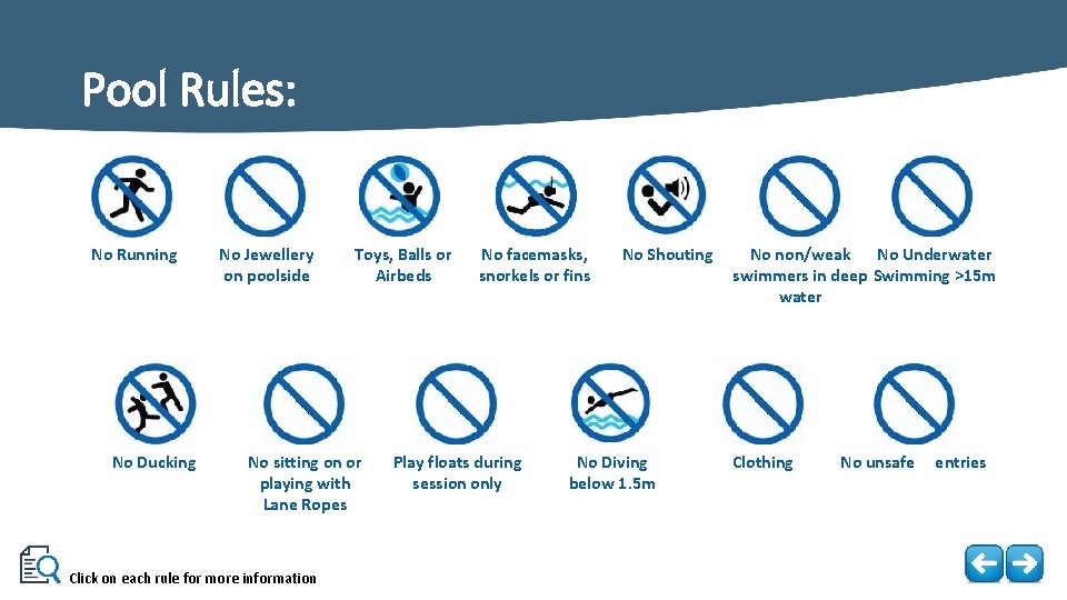 Pool Rules: No Running No Ducking No Jewellery on poolside Toys, Balls or Airbeds