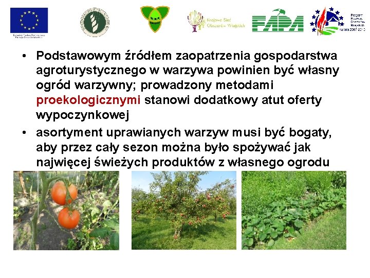  • Podstawowym źródłem zaopatrzenia gospodarstwa agroturystycznego w warzywa powinien być własny ogród warzywny;