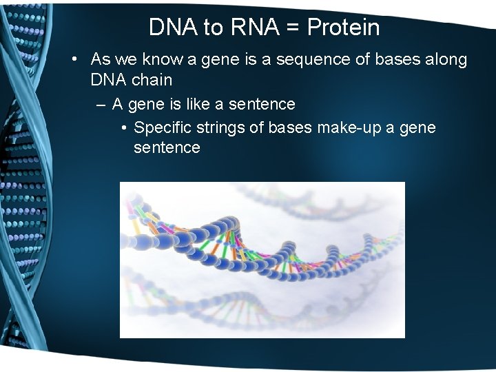 DNA to RNA = Protein • As we know a gene is a sequence