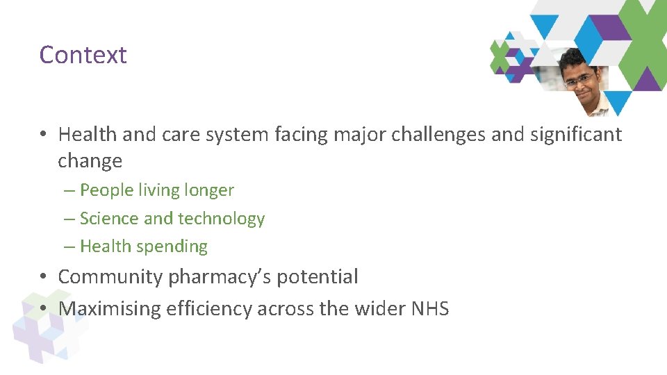 Context • Health and care system facing major challenges and significant change – People