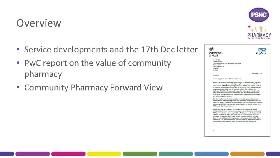 Overview • Service developments and the 17 th Dec letter • Pw. C report