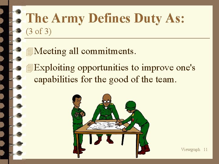 The Army Defines Duty As: (3 of 3) 4 Meeting all commitments. 4 Exploiting