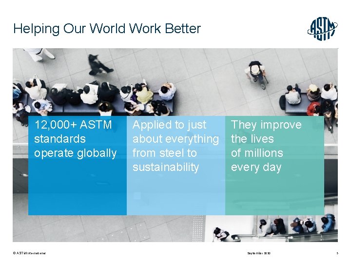 Helping Our World Work Better 12, 000+ ASTM standards operate globally © ASTM International