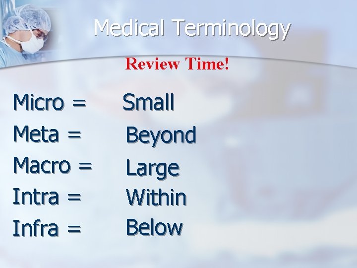Medical Terminology Review Time! Micro = Meta = Macro = Intra = Infra =