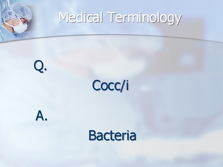 Medical Terminology Q. Cocc/i A. Bacteria 