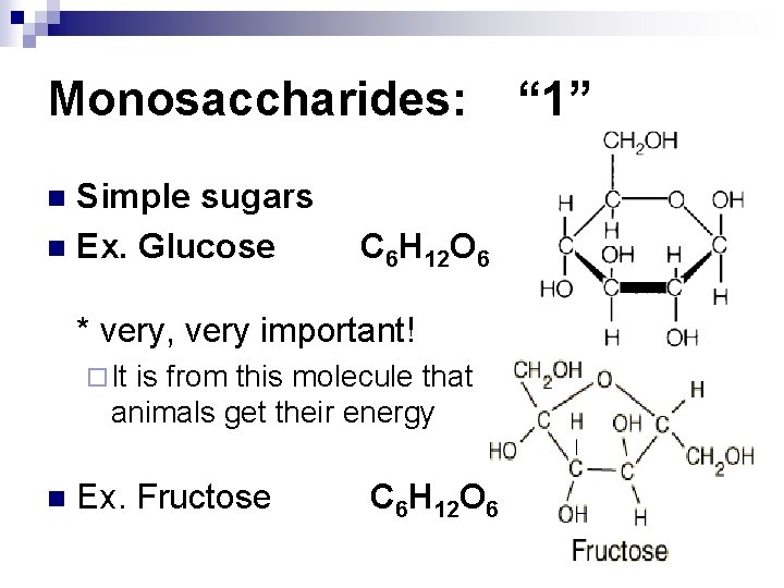 Monosaccharides: Simple sugars n Ex. Glucose n C 6 H 12 O 6 *