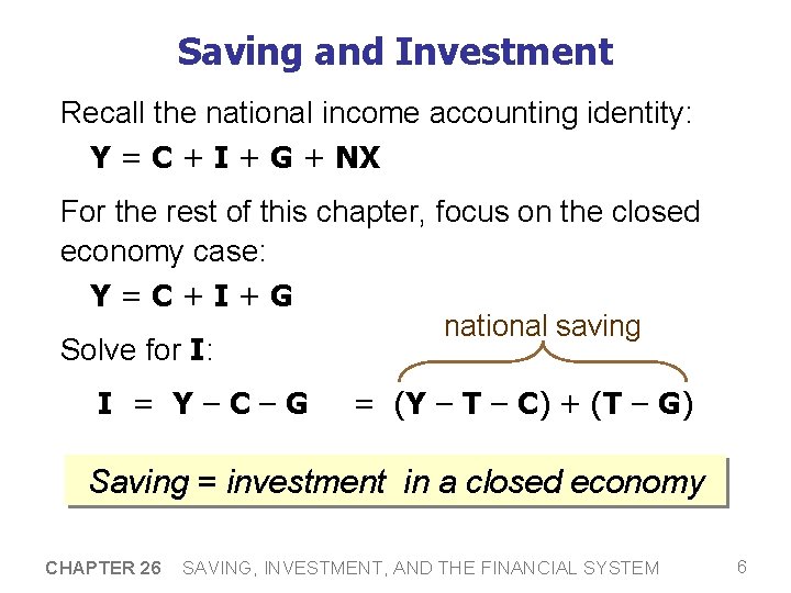 Saving and Investment Recall the national income accounting identity: Y = C + I