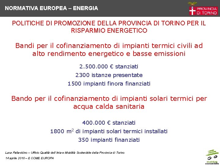 NORMATIVA EUROPEA – ENERGIA POLITICHE DI PROMOZIONE DELLA PROVINCIA DI TORINO PER IL RISPARMIO