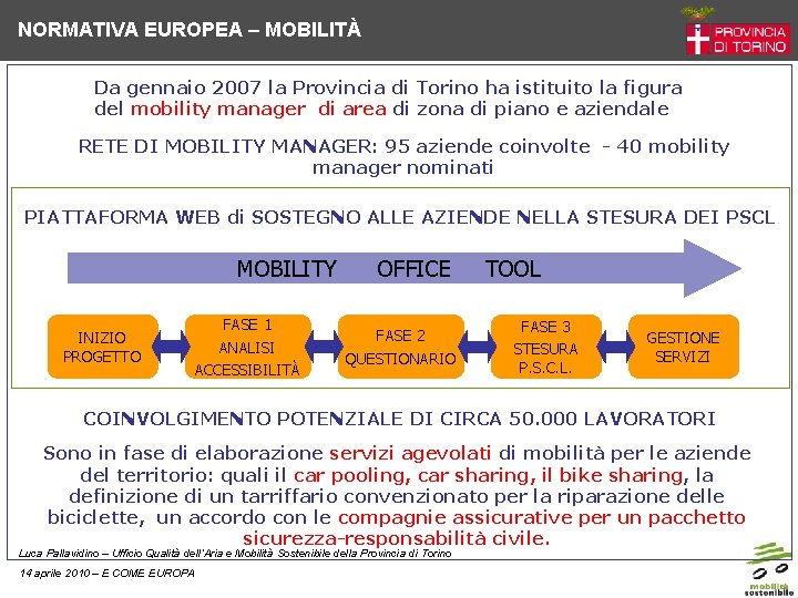 NORMATIVA EUROPEA – MOBILITÀ Da gennaio 2007 la Provincia di Torino ha istituito la