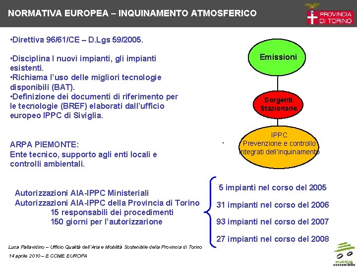 NORMATIVA EUROPEA – INQUINAMENTO ATMOSFERICO • Direttiva 96/61/CE – D. Lgs 59/2005. • Disciplina