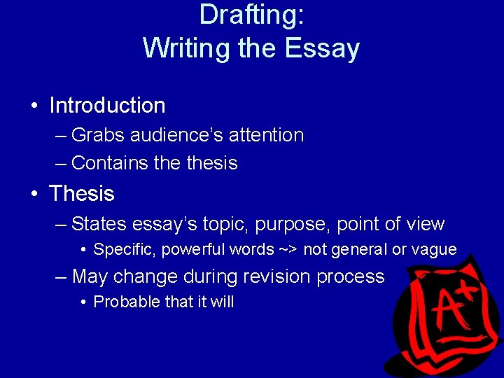 Drafting: Writing the Essay • Introduction – Grabs audience’s attention – Contains thesis •