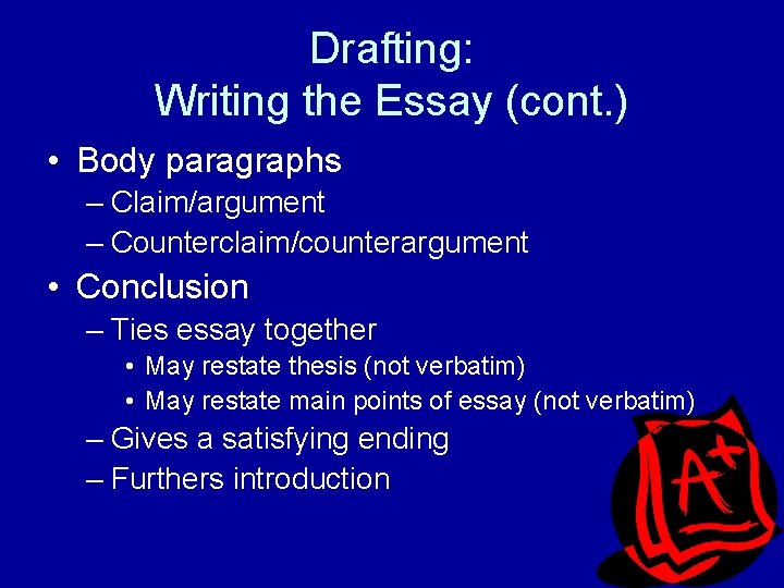 Drafting: Writing the Essay (cont. ) • Body paragraphs – Claim/argument – Counterclaim/counterargument •