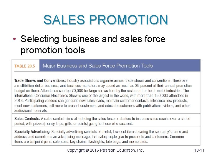 SALES PROMOTION • Selecting business and sales force promotion tools Copyright © 2016 Pearson