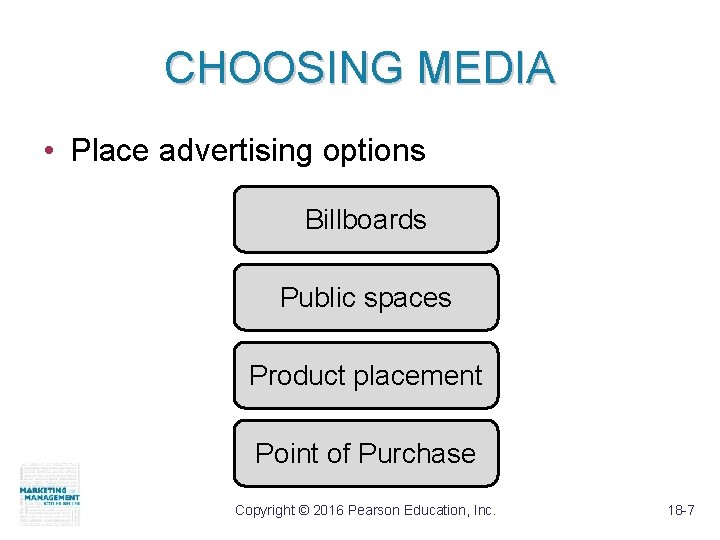 CHOOSING MEDIA • Place advertising options Billboards Public spaces Product placement Point of Purchase