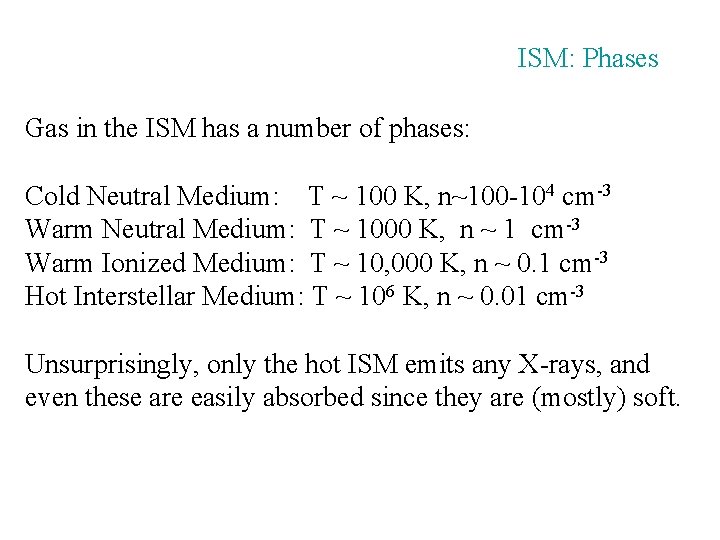 ISM: Phases Gas in the ISM has a number of phases: Cold Neutral Medium: