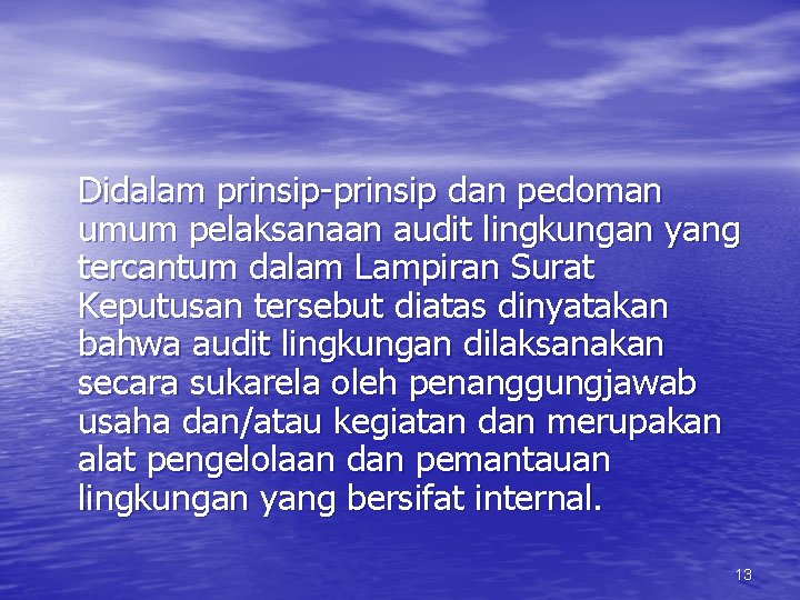 Didalam prinsip-prinsip dan pedoman umum pelaksanaan audit lingkungan yang tercantum dalam Lampiran Surat Keputusan