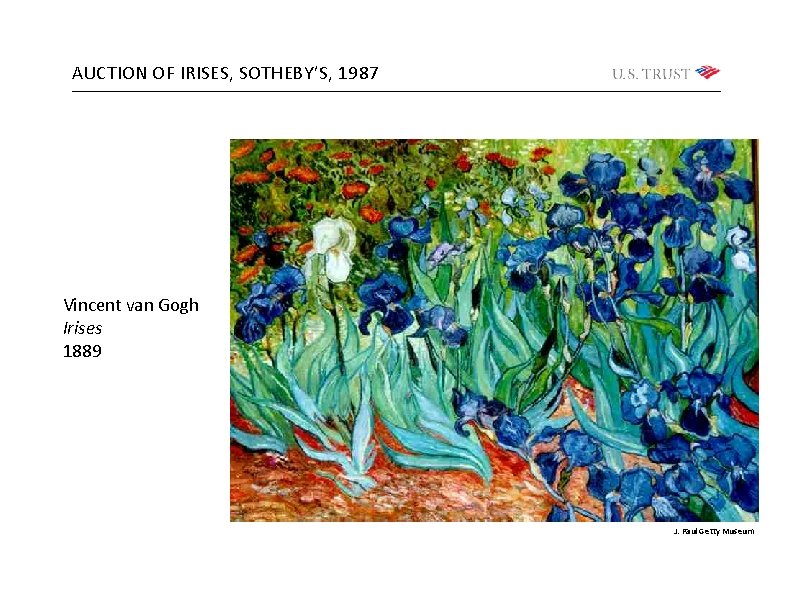 AUCTION OF IRISES, SOTHEBY’S, 1987 Vincent van Gogh Irises 1889 J. Paul Getty Museum