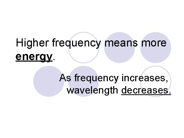 Higher frequency means more energy. As frequency increases, wavelength decreases. 