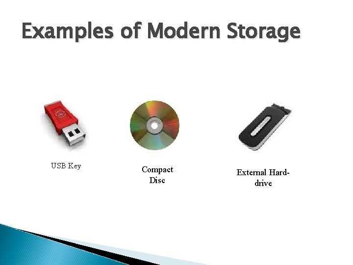 Examples of Modern Storage USB Key Compact Disc External Harddrive Examples of Modern Storage USB Key Compact Disc External Harddrive
