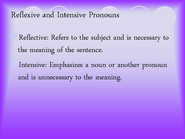 Reflexive and Intensive Pronouns l. Reflective: Refers to the subject and is necessary to