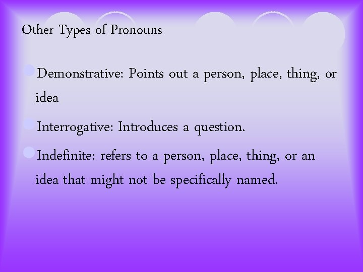 Other Types of Pronouns l. Demonstrative: Points out a person, place, thing, or idea