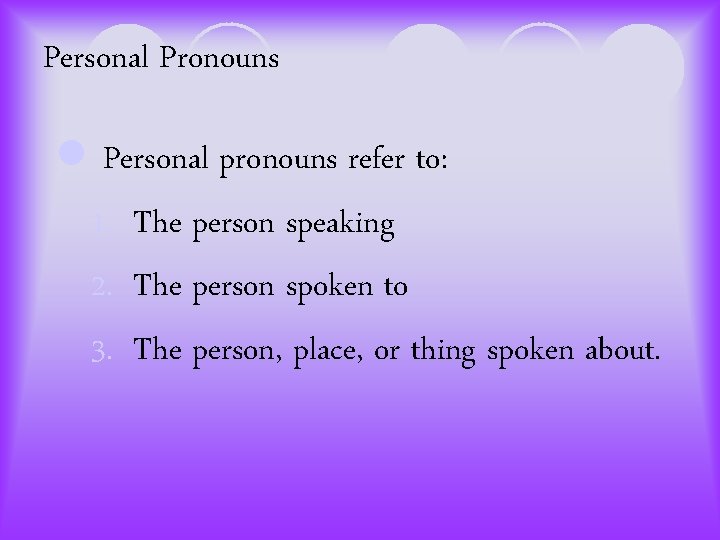 Personal Pronouns l Personal pronouns refer to: 1. The person speaking 2. The person