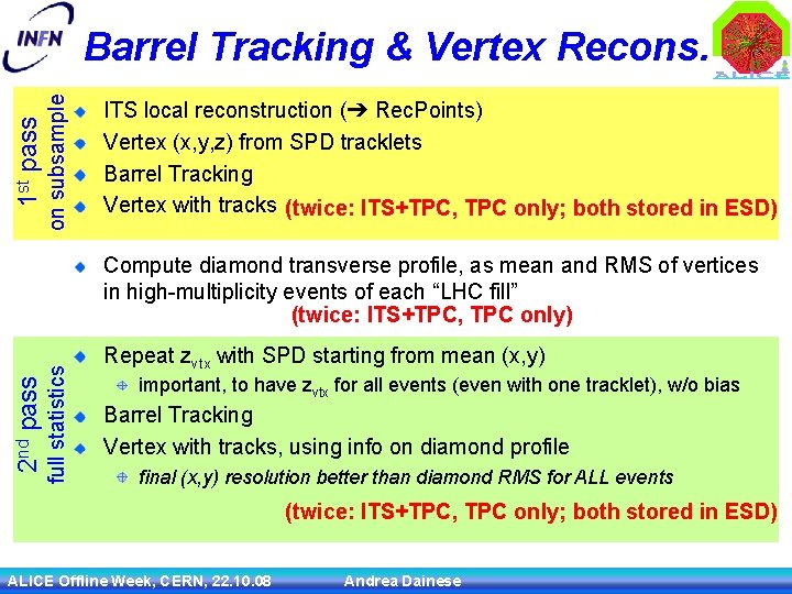 on subsample 1 st pass Barrel Tracking & Vertex Recons. ITS local reconstruction (➔