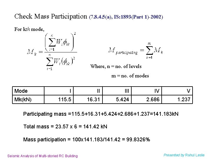 Check Mass Participation (7. 8. 4. 5(a), IS: 1893(Part 1)-2002) For kth mode, Where,