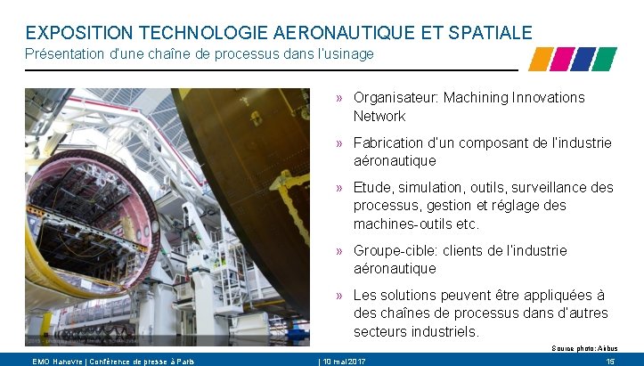 EXPOSITION TECHNOLOGIE AERONAUTIQUE ET SPATIALE Présentation d’une chaîne de processus dans l’usinage » Organisateur: