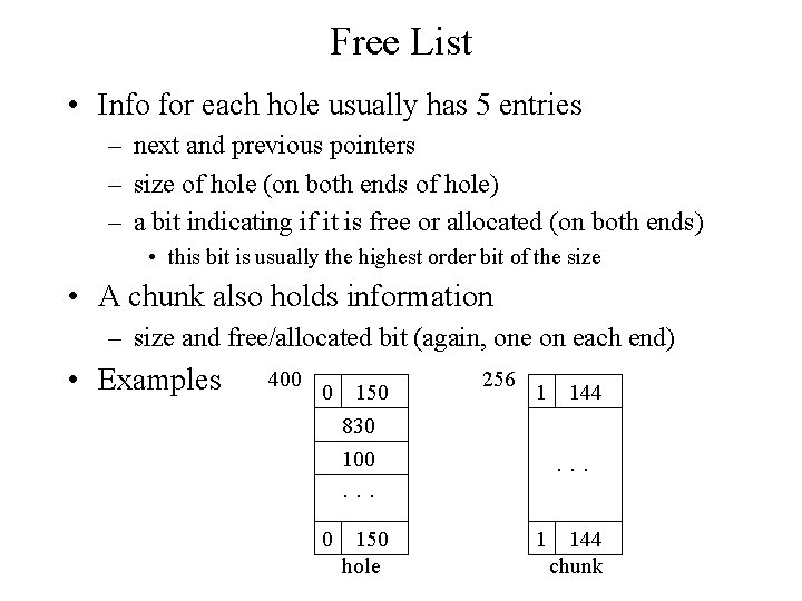 Free List • Info for each hole usually has 5 entries – next and Free List • Info for each hole usually has 5 entries – next and