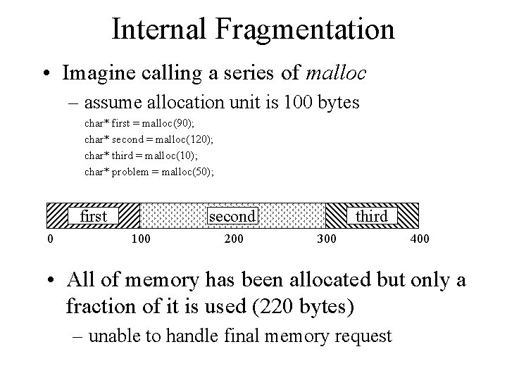 Internal Fragmentation • Imagine calling a series of malloc – assume allocation unit is Internal Fragmentation • Imagine calling a series of malloc – assume allocation unit is