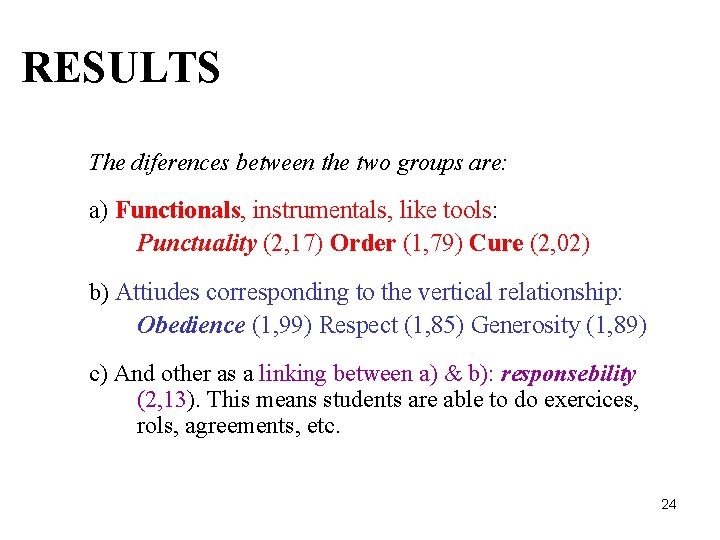 RESULTS The diferences between the two groups are: a) Functionals, instrumentals, like tools: Punctuality