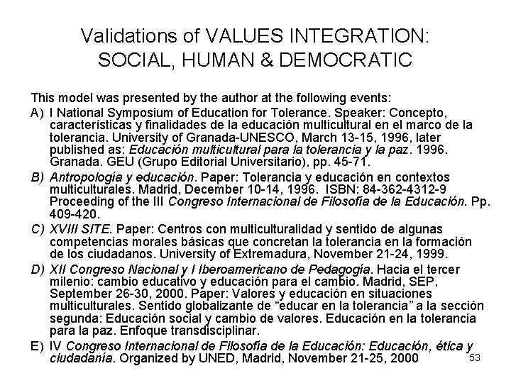 Validations of VALUES INTEGRATION: SOCIAL, HUMAN & DEMOCRATIC This model was presented by the