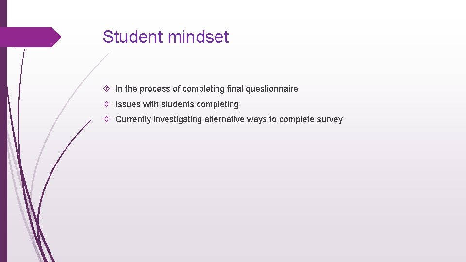 Student mindset In the process of completing final questionnaire Issues with students completing Currently
