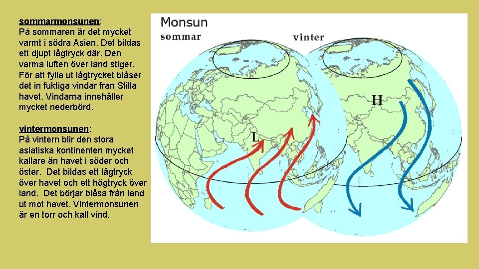 sommarmonsunen: På sommaren är det mycket varmt i södra Asien. Det bildas ett djupt