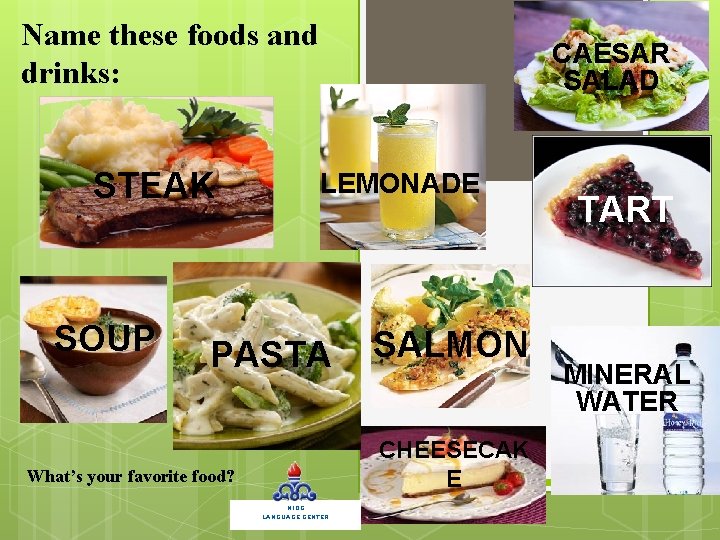 Name these foods and drinks: STEAK SOUP CAESAR SALAD LEMONADE PASTA SALMON CHEESECAK E