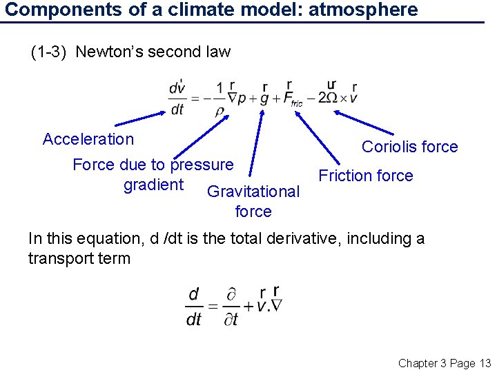 Components of a climate model: atmosphere (1 -3) Newton’s second law Acceleration Force due