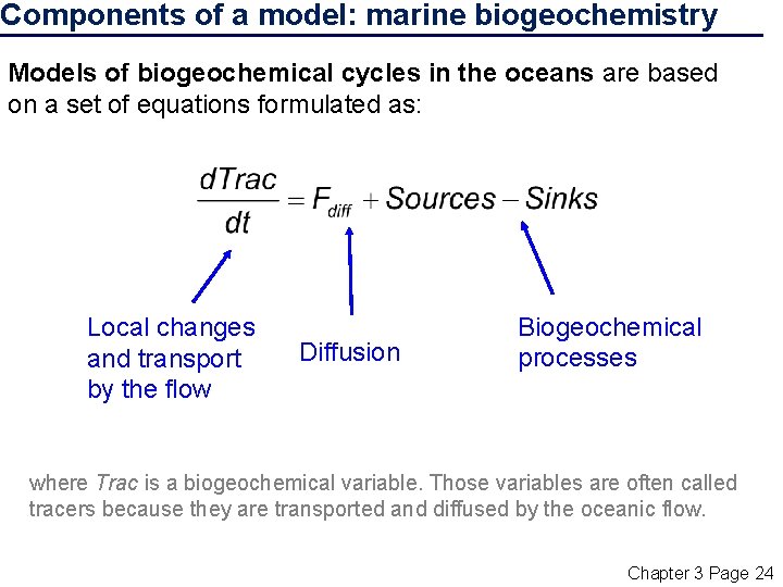 Components of a model: marine biogeochemistry Models of biogeochemical cycles in the oceans are