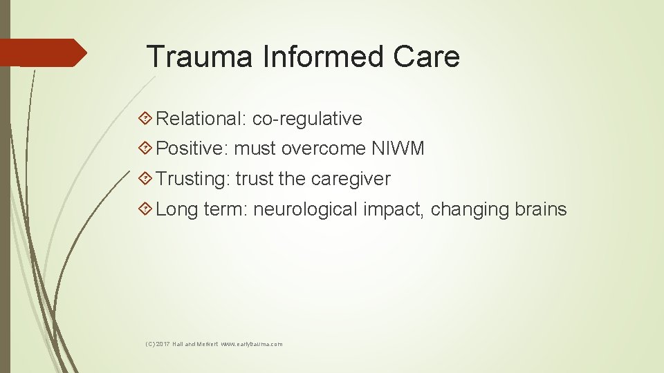 Trauma Informed Care Relational: co-regulative Positive: must overcome NIWM Trusting: trust the caregiver Long