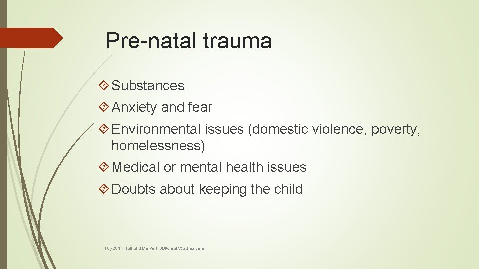 Pre-natal trauma Substances Anxiety and fear Environmental issues (domestic violence, poverty, homelessness) Medical or