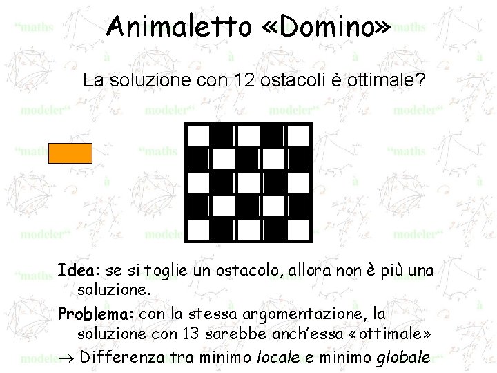 Animaletto «Domino» La soluzione con 12 ostacoli è ottimale? Idea: se si toglie un