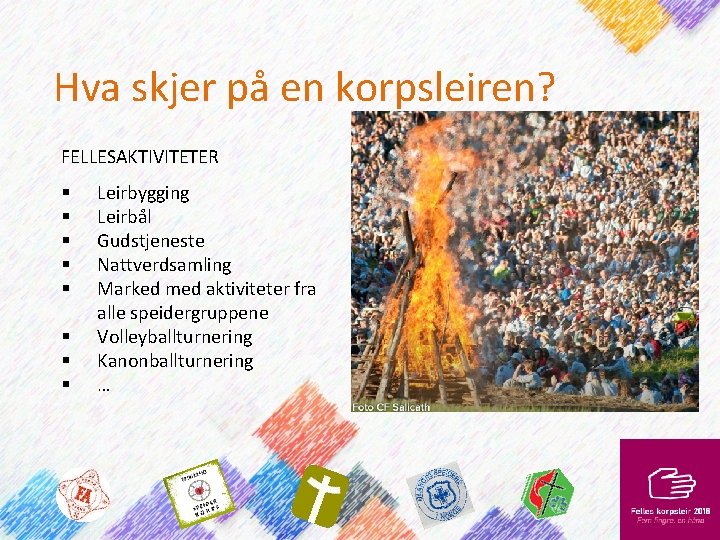 Hva skjer på en korpsleiren? FELLESAKTIVITETER § § § § Leirbygging Leirbål Gudstjeneste Nattverdsamling