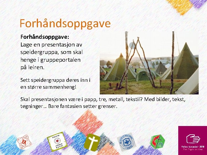 Forhåndsoppgave: Lage en presentasjon av speidergruppa, som skal henge i gruppeportalen på leiren. Sett