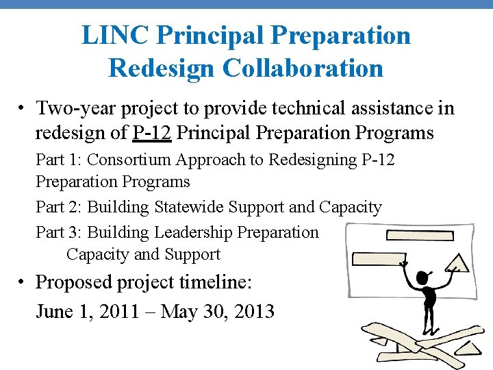 LINC Principal Preparation Redesign Collaboration • Two-year project to provide technical assistance in redesign
